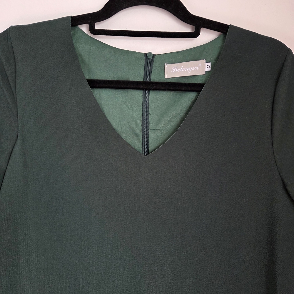 Belongsci Dark Green Loose Fit Shift Mini Dress 3/4 Tiered Bell Sleeve Size M - Picture 4 of 10
